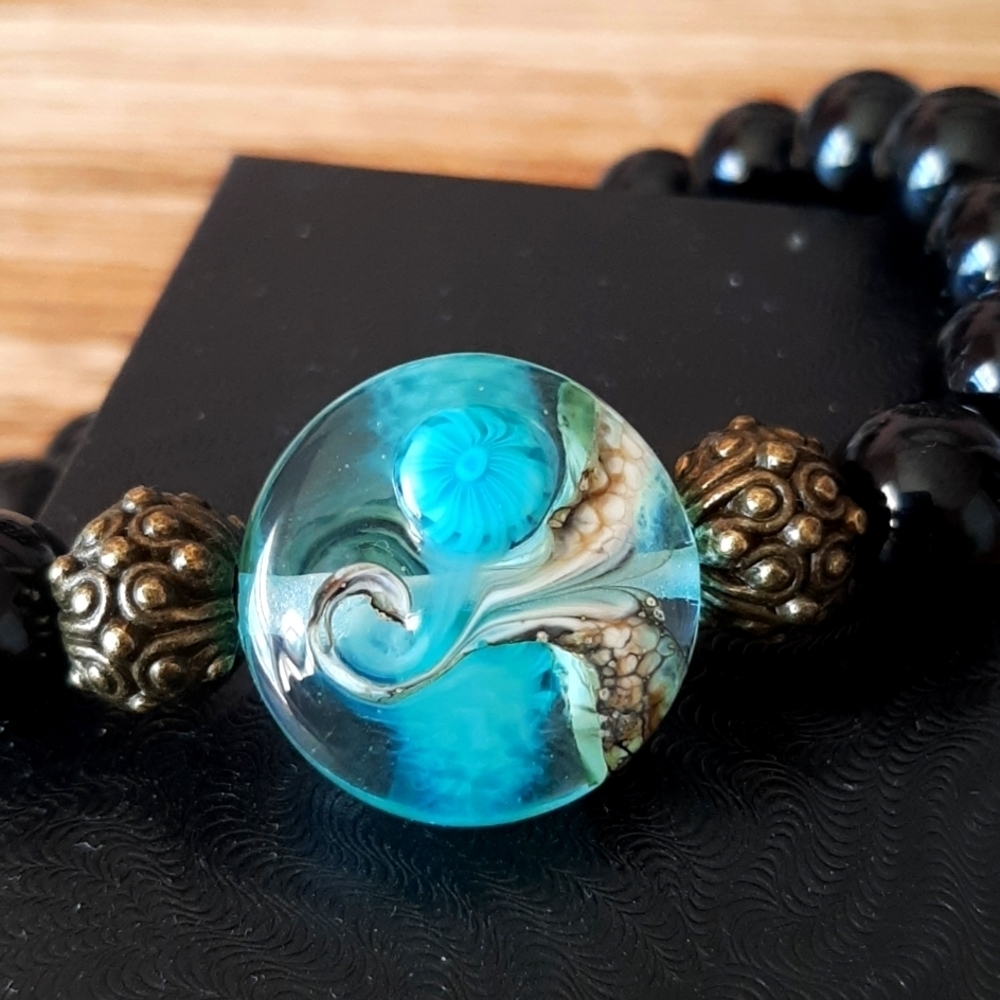 Smoky Quartz & Lampwork Ocean Spree Focal Beaded Stretch Bracelet